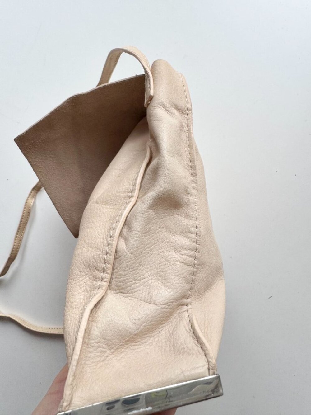 ZARA Beige Genuine Leather Foldover Flap Metal Frame Crossbody Bag Purse - Picture 6 of 15